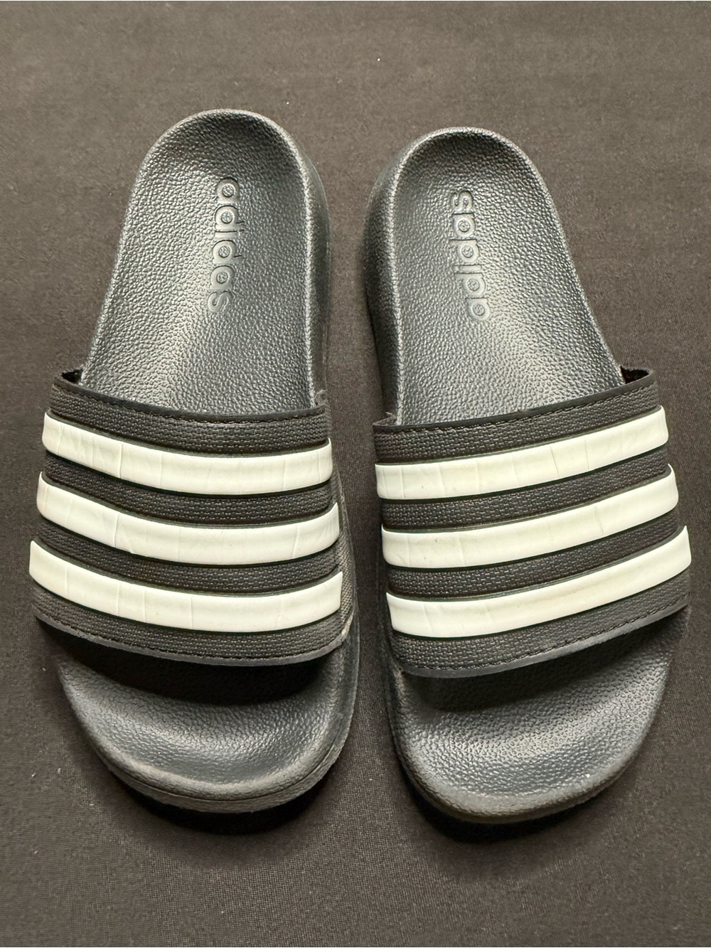 adidas Black Slide Sandals with White Accent Stripes kids size 1
